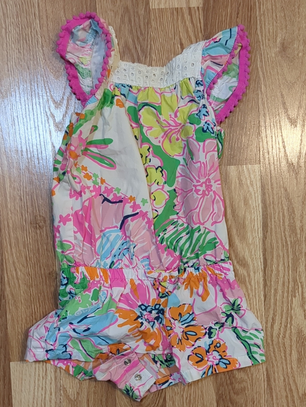 Lilly Pulitzer Girls Floral Romper - Pink, Green & Orange 12 Mo